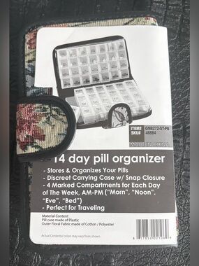 14-Day Floral Pill Organizer Case with Snap Closure - Floral Pattern
